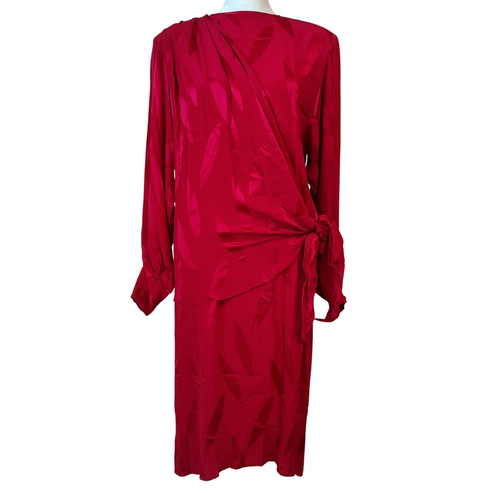 Vintage 80s Adrianna Papell Silk‎ Red Dress Size 6 Long Sleeve Party Cocktail
